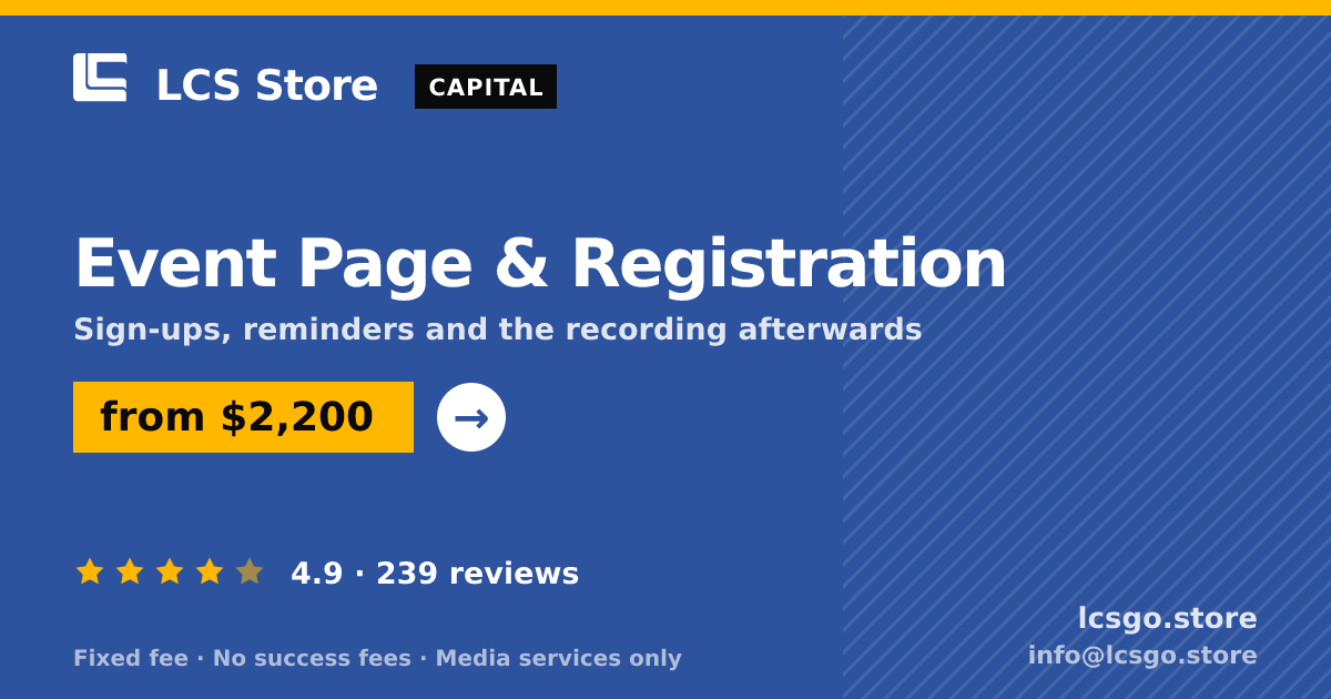Event Page & Registration — from $2,200, rated 4.9/5 across 239 reviews. LCS Store.