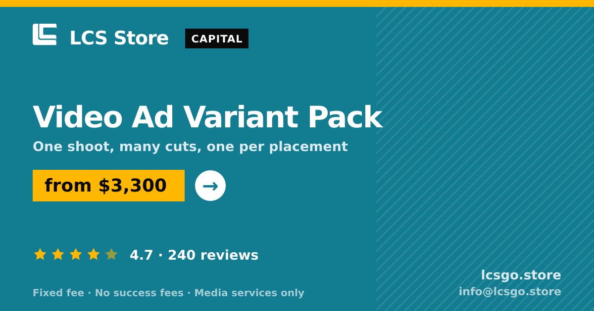 Video Ad Variant Pack — from $3,300, rated 4.7/5 across 240 reviews. LCS Store.